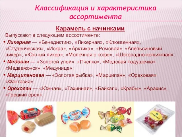 Классификация и характеристика ассортимента Карамель с начинками Выпускают в следующем ассортименте: