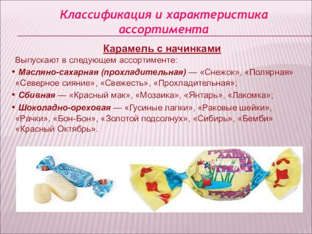 Классификация и характеристика ассортимента Карамель с начинками Выпускают в следующем ассортименте: