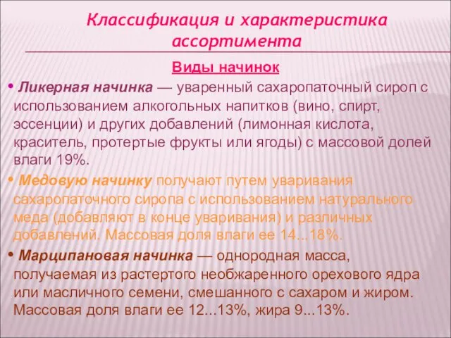 Классификация и характеристика ассортимента Виды начинок Ликерная начинка — уваренный сахаропаточный