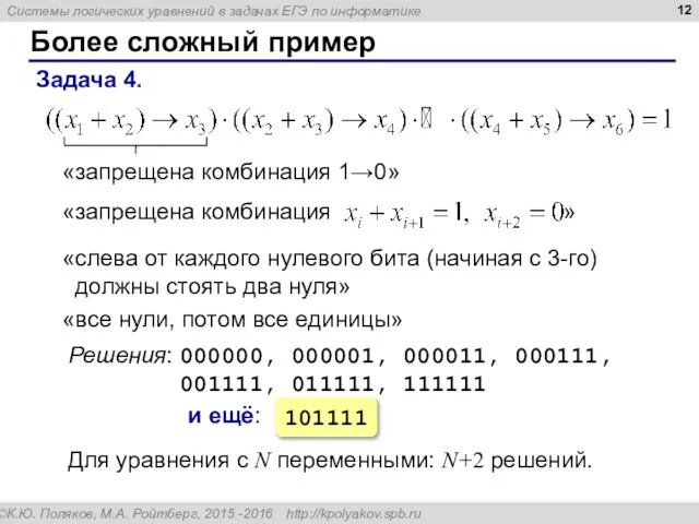 Более сложный пример Задача 4. «запрещена комбинация 1→0» Решения: 000000, 000001,