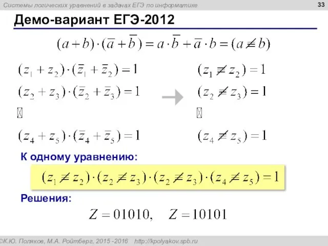 Демо-вариант ЕГЭ-2012 К одному уравнению: Решения: