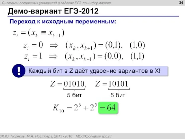 Демо-вариант ЕГЭ-2012 Переход к исходным переменным: 5 бит 5 бит