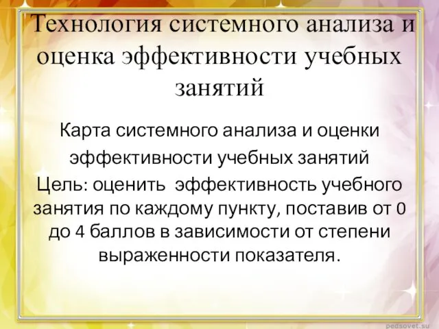 Технология системного анализа и оценка эффективности учебных занятий Карта системного анализа