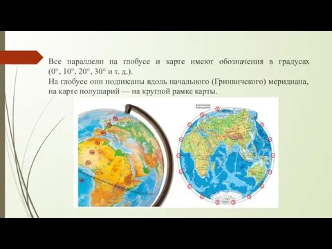 Все параллели на глобусе и карте имеют обозначения в градусах (0°,