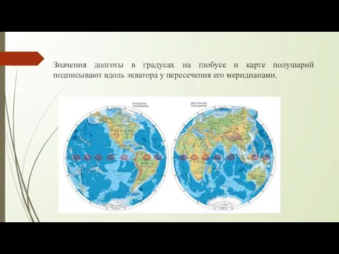 Значения долготы в градусах на глобусе и карте полушарий подписывают вдоль экватора у пересечения его меридианами.