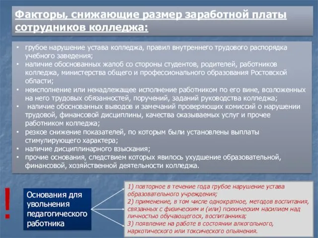 грубое нарушение устава колледжа, правил внутреннего трудового распорядка учебного заведения; наличие