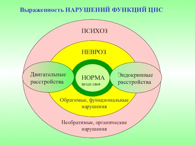 Выраженность НАРУШЕНИЙ ФУНКЦИЙ ЦНС НОРМА везде своя НЕВРОЗ ПСИХОЗ Обратимые, функциональные