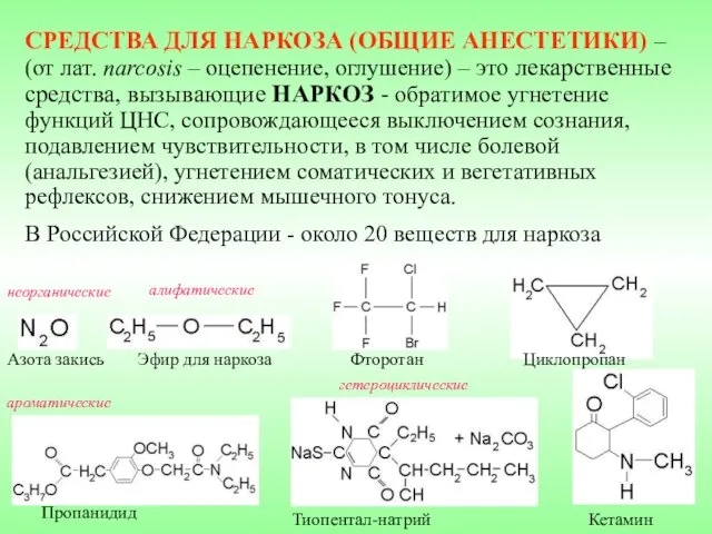 СРЕДСТВА ДЛЯ НАРКОЗА (ОБЩИЕ АНЕСТЕТИКИ) – (от лат. narcosis – оцепенение,