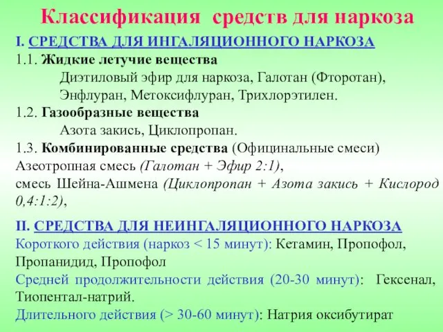 Классификация средств для наркоза I. СРЕДСТВА ДЛЯ ИНГАЛЯЦИОННОГО НАРКОЗА 1.1. Жидкие