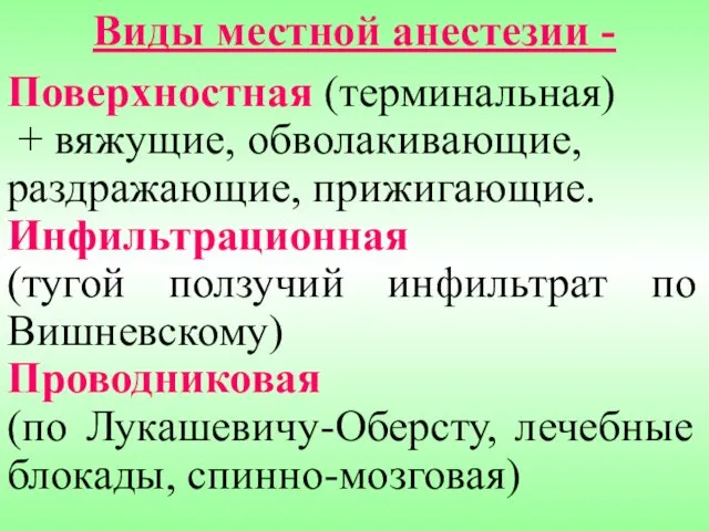 Виды местной анестезии - Поверхностная (терминальная) + вяжущие, обволакивающие, раздражающие, прижигающие.