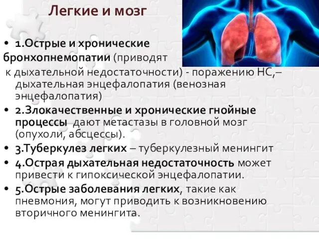 Легкие и мозг 1.Острые и хронические бронхопнемопатии (приводят к дыхательной недостаточности)