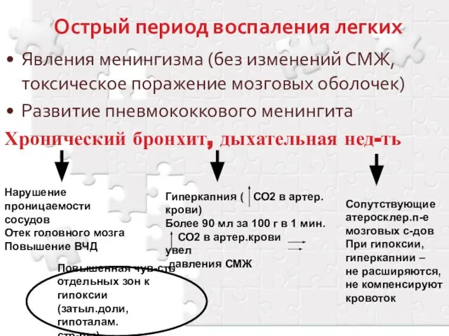 Острый период воспаления легких Явления менингизма (без изменений СМЖ, токсическое поражение