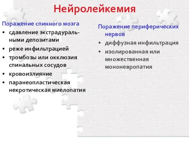 Нейролейкемия Поражение спинного мозга сдавление экстрадураль-ными депозитами реже инфильтрацией тромбозы или