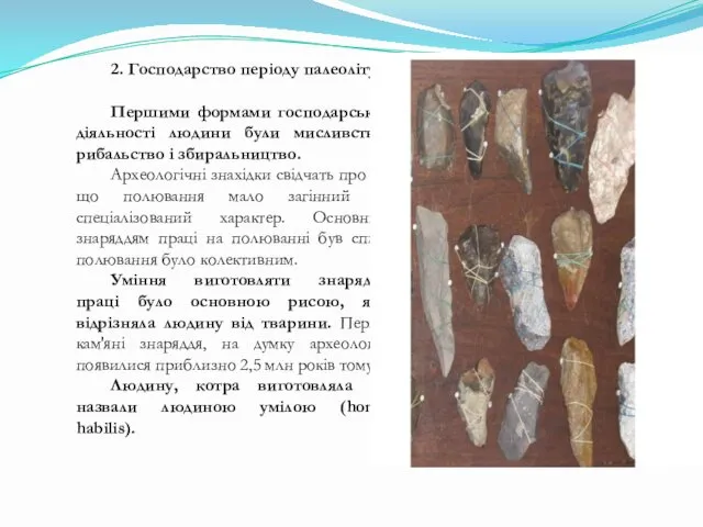 2. Господарство періоду палеоліту. Першими формами господарської діяльності людини були мисливство,