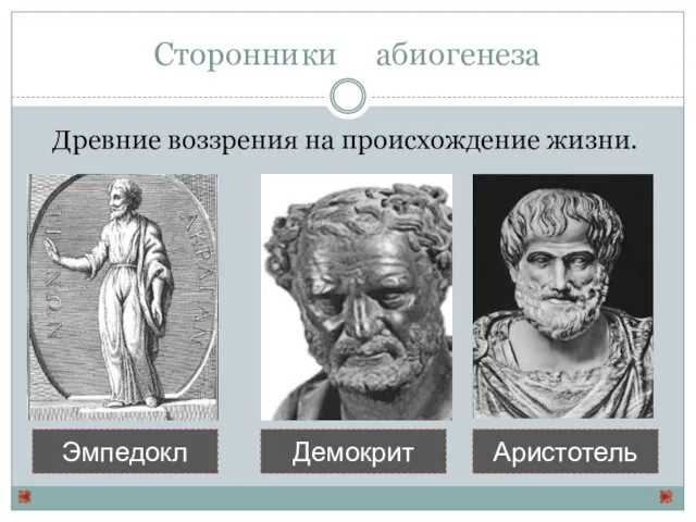 Сторонники абиогенеза Эмпедокл Демокрит Аристотель Древние воззрения на происхождение жизни.