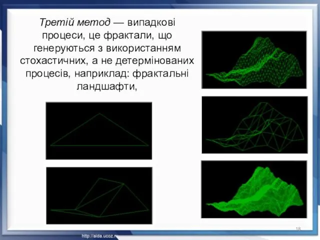 Третій метод — випадкові процеси, це фрактали, що генеруються з використанням