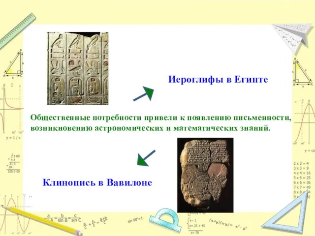 Общественные потребности привели к появлению письменности, возникновению астрономических и математических знаний.