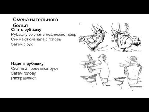 Снять рубашку Рубашку со спины поднимают кверху Снимают сначала с головы