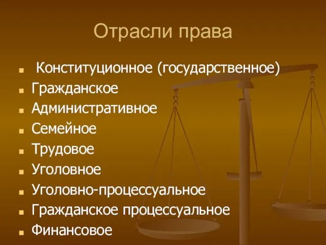 Отрасли права Конституционное (государственное) Гражданское Административное Семейное Трудовое Уголовное Уголовно-процессуальное Гражданское процессуальное Финансовое