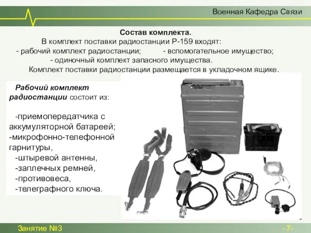 Военная Кафедра Связи Занятие №3 - 7- Рабочий комплект радиостанции состоит