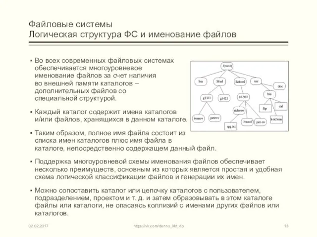 Файловые системы Логическая структура ФС и именование файлов Во всех современных