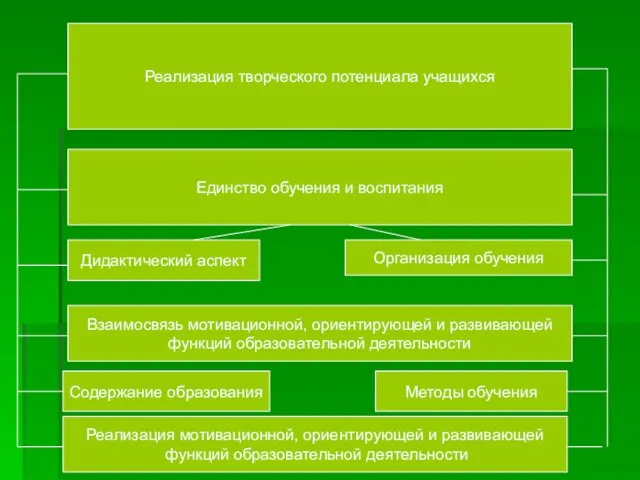 Реализация творческого потенциала учащихся Единство обучения и воспитания Дидактический аспект Организация