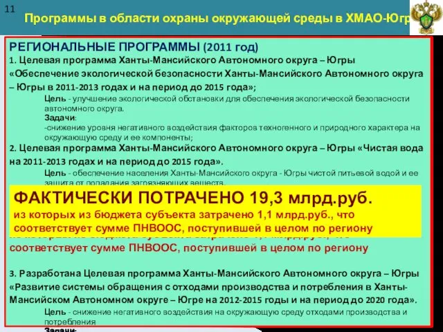 Программы в области охраны окружающей среды в ХМАО-Югре 11 РЕГИОНАЛЬНЫЕ ПРОГРАММЫ