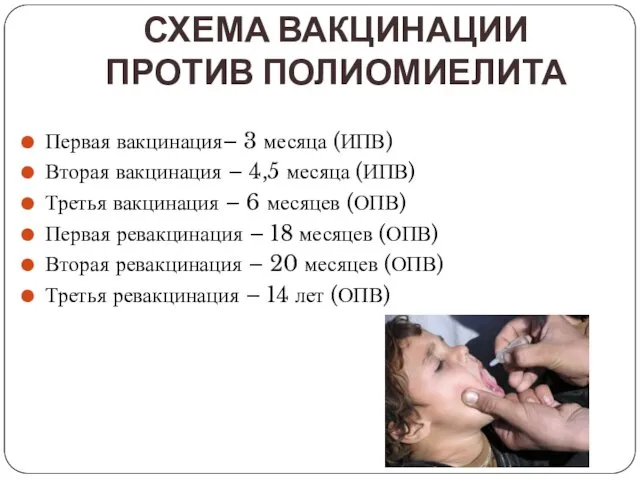 СХЕМА ВАКЦИНАЦИИ ПРОТИВ ПОЛИОМИЕЛИТА Первая вакцинация– 3 месяца (ИПВ) Вторая вакцинация