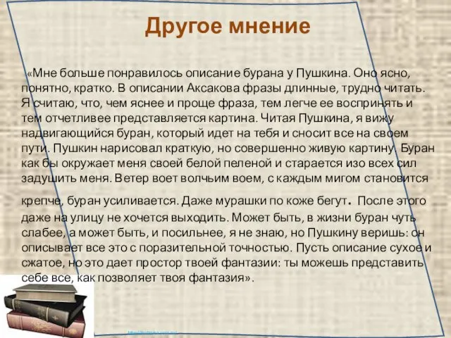 Другое мнение «Мне больше понравилось описание бурана у Пушкина. Оно ясно,