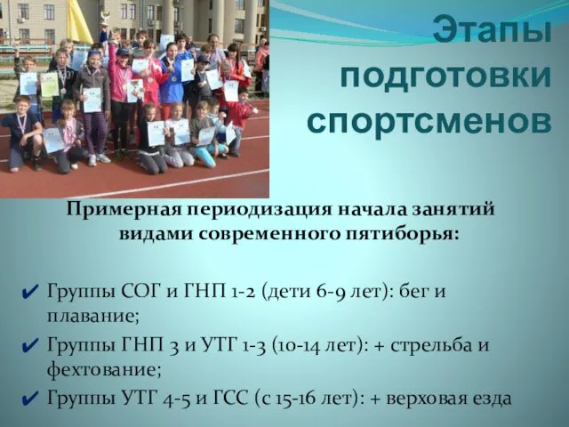 Этапы подготовки спортсменов Примерная периодизация начала занятий видами современного пятиборья: Группы