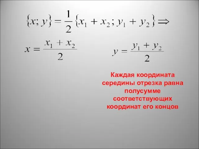 Каждая координата середины отрезка равна полусумме соответствующих координат его концов