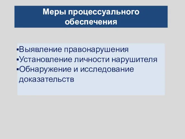 Меры процессуального обеспечения Выявление правонарушения Установление личности нарушителя Обнаружение и исследование доказательств