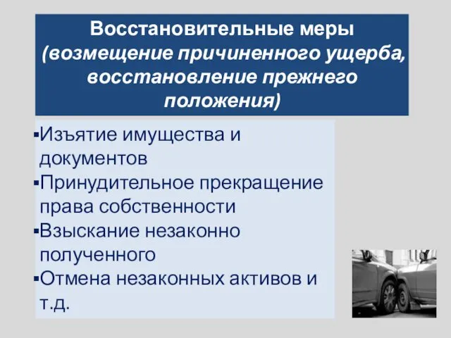 Восстановительные меры (возмещение причиненного ущерба, восстановление прежнего положения) Изъятие имущества и