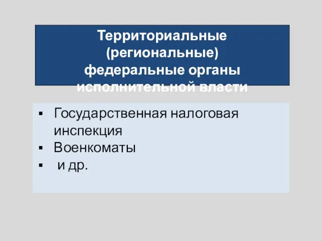 Территориальные (региональные) федеральные органы исполнительной власти Государственная налоговая инспекция Военкоматы и др.