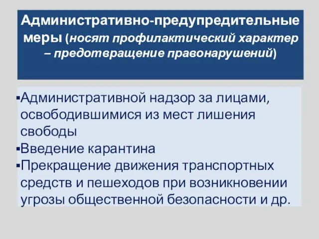 Административно-предупредительные меры (носят профилактический характер – предотвращение правонарушений) Административной надзор за