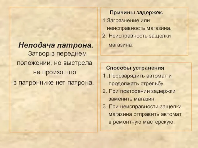 Неподача патрона. Затвор в переднем положении, но выстрела не произошло в