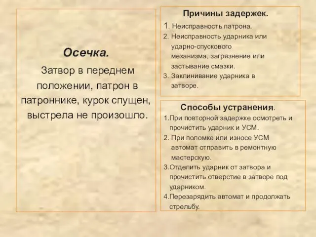 Осечка. Затвор в переднем положении, патрон в патроннике, курок спущен, выстрела