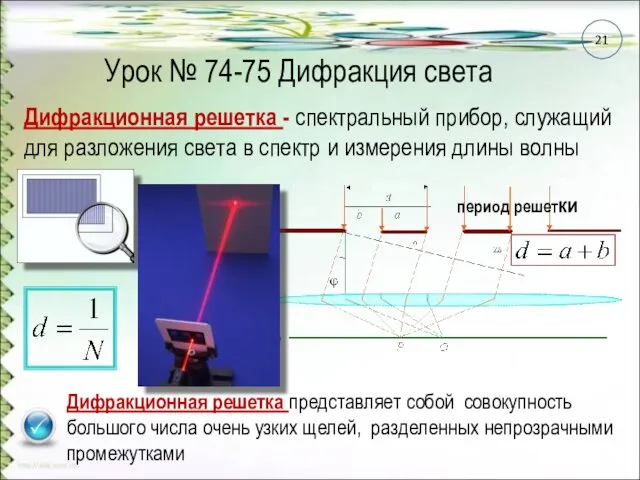 Урок № 74-75 Дифракция света Дифракционная решетка - спектральный прибор, служащий