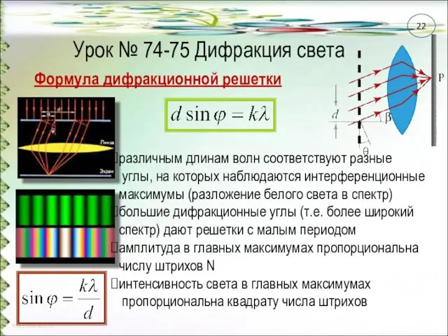 Урок № 74-75 Дифракция света Формула дифракционной решетки различным длинам волн