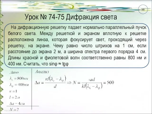 Урок № 74-75 Дифракция света На дифракционную решетку падает нормально параллельный