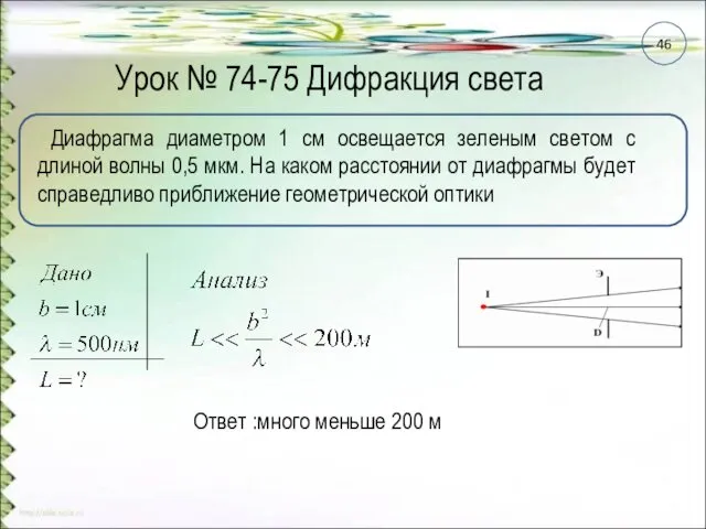 Урок № 74-75 Дифракция света Диафрагма диаметром 1 см освещается зеленым