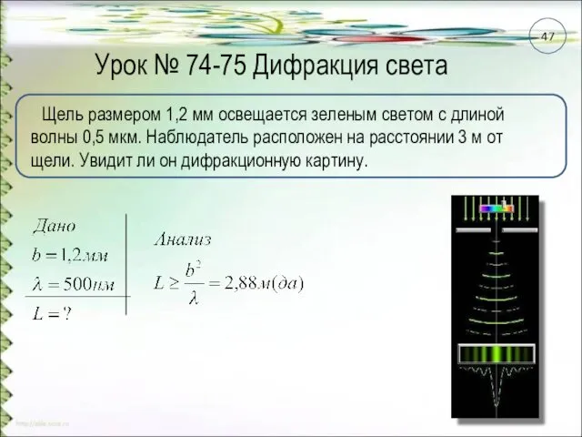 Урок № 74-75 Дифракция света Щель размером 1,2 мм освещается зеленым