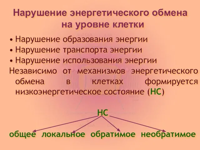 Нарушение энергетического обмена на уровне клетки Нарушение образования энергии Нарушение транспорта