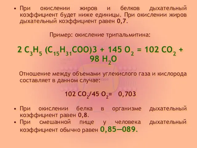 При окислении жиров и белков дыхательный коэффициент будет ниже единицы. При