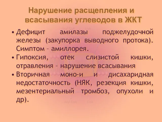 Нарушение расщепления и всасывания углеводов в ЖКТ Дефицит амилазы поджелудочной железы