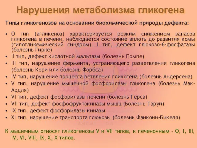 Нарушения метаболизма гликогена Типы гликогенозов на основании биохимической природы дефекта: О