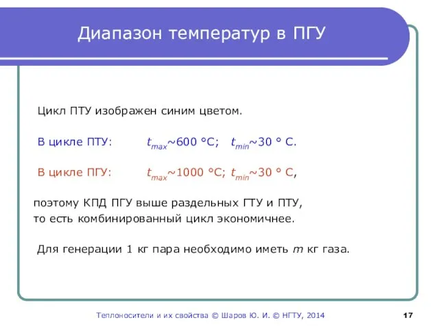 Диапазон температур в ПГУ Цикл ПТУ изображен синим цветом. В цикле