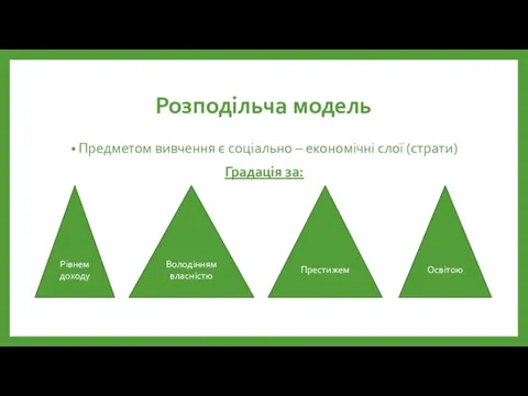 Розподільча модель Предметом вивчення є соціально – економічні слої (страти) Градація