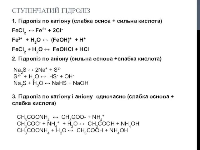 СТУПІНЧАТИЙ ГІДРОЛІЗ 1. Гідроліз по катіону (слабка осноа + сильна кислота)