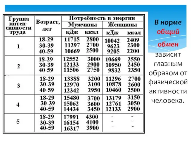 В норме общий обмен зависит главным образом от физической активности человека.